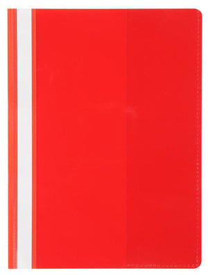 A red Marbig A4 Deluxe flat file seen from the front, closed, with a white full length title strip running down the left edge beside the bound spine