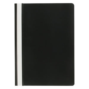 A single closed Marbig A4 economy flat file in black, with a white title strip running the full depth of the spine edge under a clear strip and a rounded outer corner at the top right.