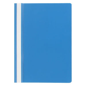 A single closed Marbig A4 economy flat file in blue, with a white title strip running the full depth of the spine edge under a clear strip and a rounded outer corner at the top right.