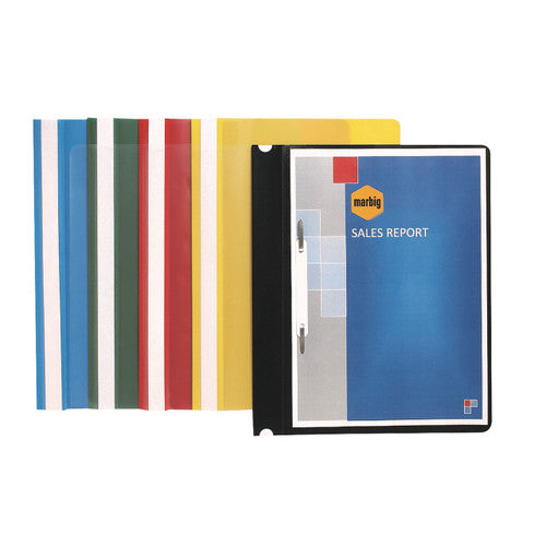 Box of 50 Marbig A4 Economy Flat Files in blue showing full-length title strip and pack contents