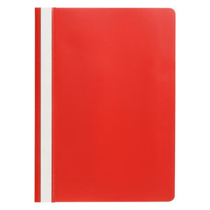 A single closed Marbig A4 economy flat file in red, with a white title strip running the full depth of the spine edge under a clear strip and a rounded outer corner at the top right.