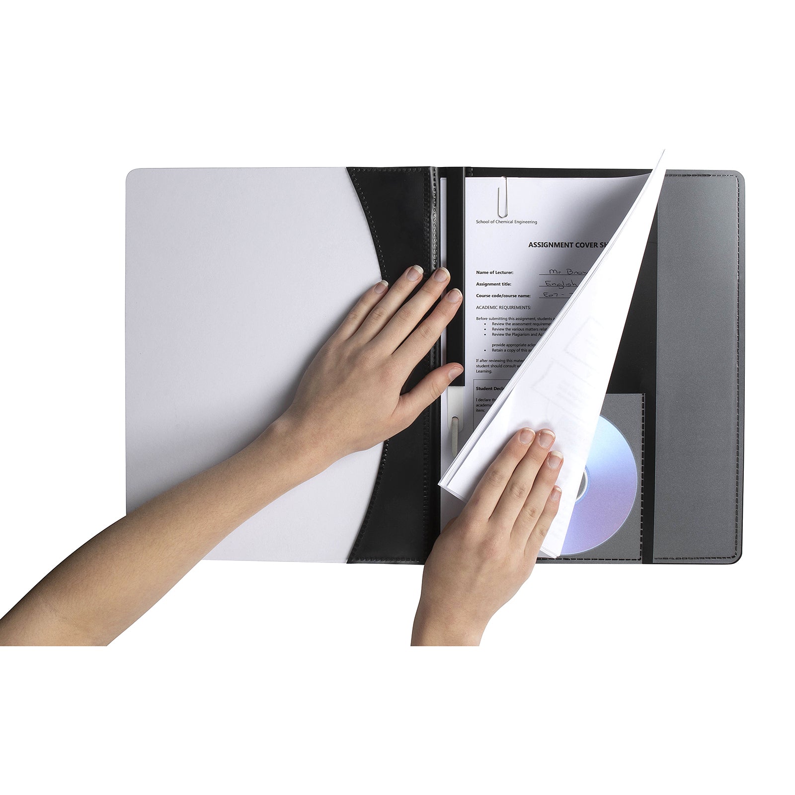 Hands inserting documents into the Marbig Premier Flat File, demonstrating the easy loading system, secure fastener and integrated storage for presentation materials and compact discs.
