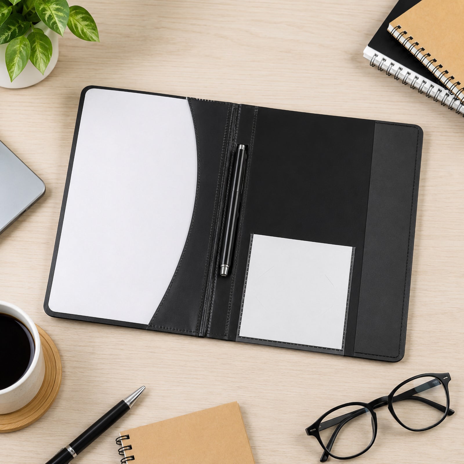 Top view of the Marbig Premier Flat File opened on a timber desk with stationery, coffee and notebooks, highlighting the internal storage compartments and professional workspace organisation.