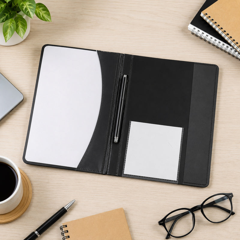 Top view of the Marbig Premier Flat File opened on a timber desk with stationery, coffee and notebooks, highlighting the internal storage compartments and professional workspace organisation.