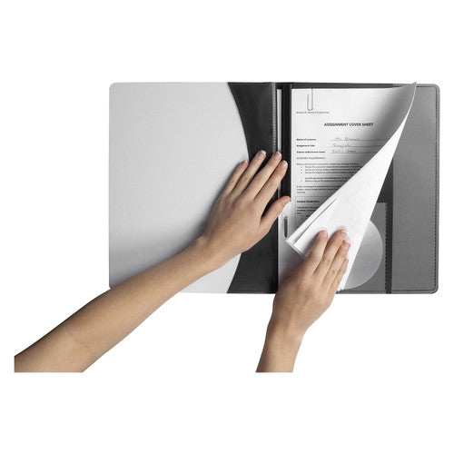 Inside back cover of Marbig flat file showing vertical pocket, CD holder and business card holder