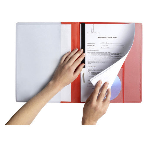 Inside back cover of the Marbig Premier Flat File displaying vertical pocket, CD holder and business card holder