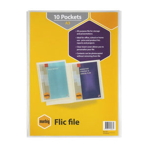 Marbig 22015 Flic File A3 clear display book with its yellow 10 Pockets A3 header card inserted behind the clear cover