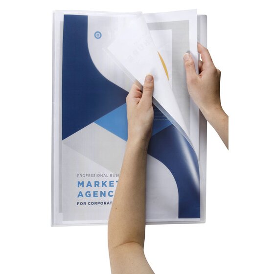 Two hands turning a clear pocket in a Marbig Flic File A3 display book holding a printed report