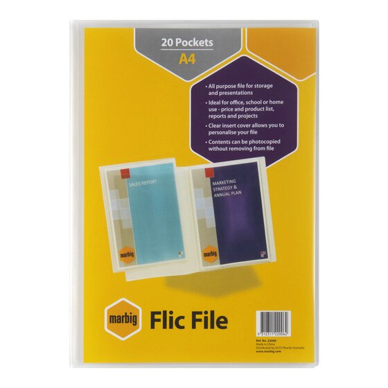 Marbig 22006 Flic File clear A4 display book with its yellow 20 Pockets A4 header card showing through the clear cover