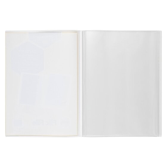 Marbig Flic File A4 clear display book lying open flat with empty clear pockets on both sides