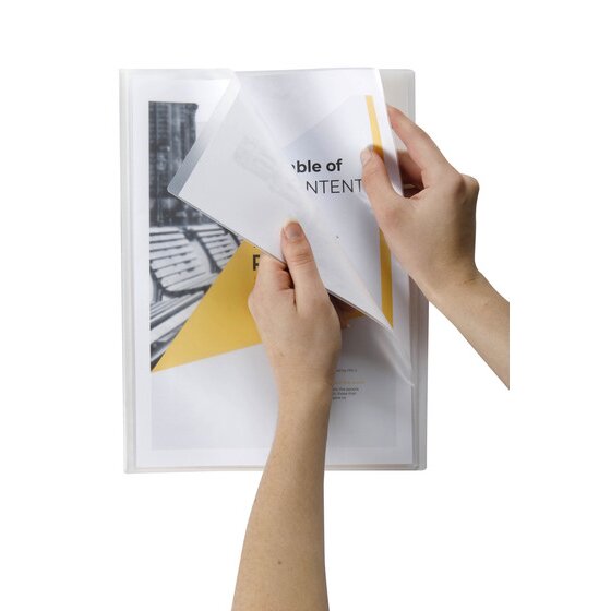 Hands turning a clear pocket in a Marbig Flic File A4 display book to a printed table of contents page