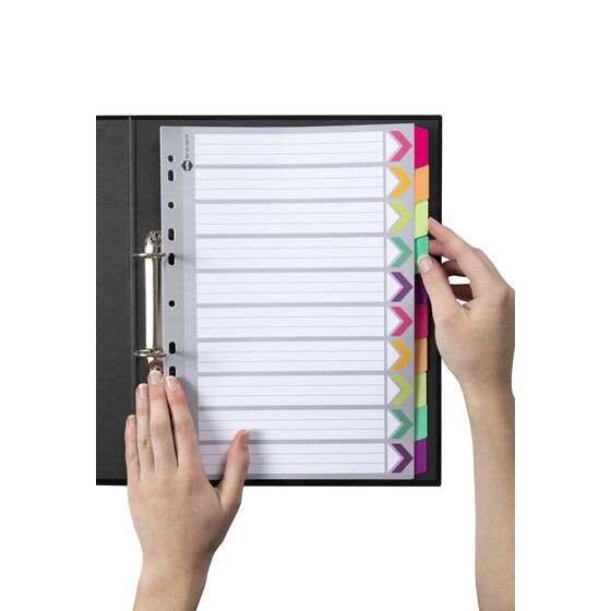 Hands opening the Marbig 10 tab fluoro divider set inside a black 2 ring binder, fluoro tabs along the right edge