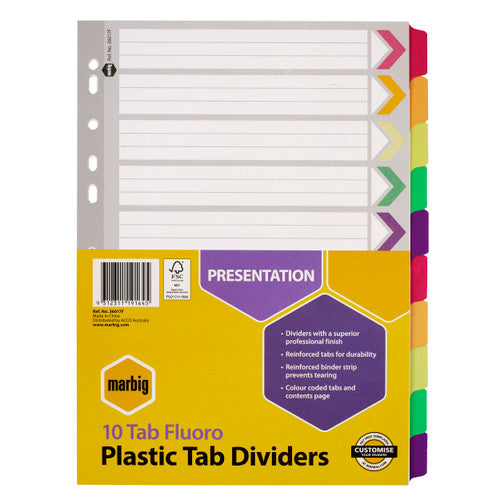 Marbig 10 Tab Fluoro Plastic Tab Dividers in a yellow and purple Presentation pack, fluoro tabs showing beside the card