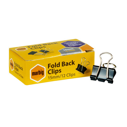 Marbig 87075 fold back clips 15mm black, box of 12, product shot of the yellow pack with clips in front