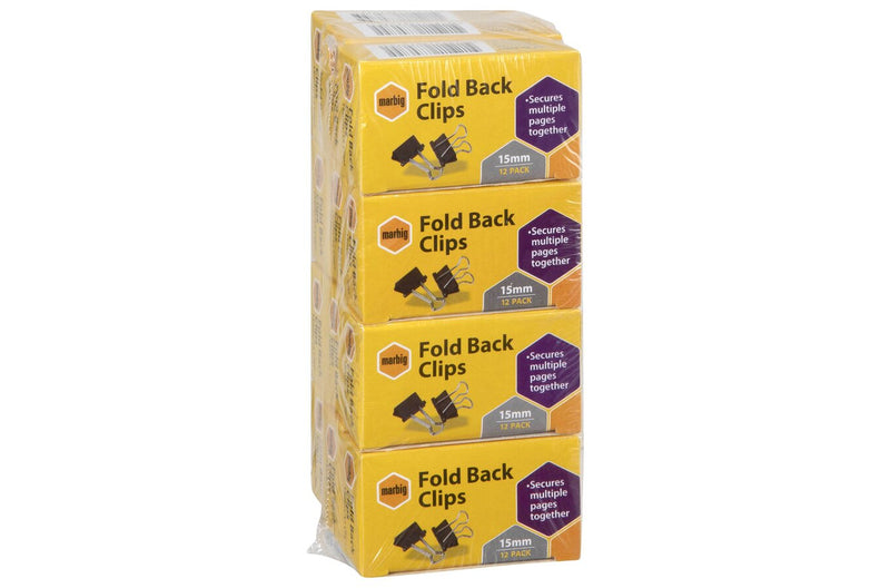 Marbig 15mm fold back clip boxes shrink wrapped as a stack, showing the yellow pack fronts