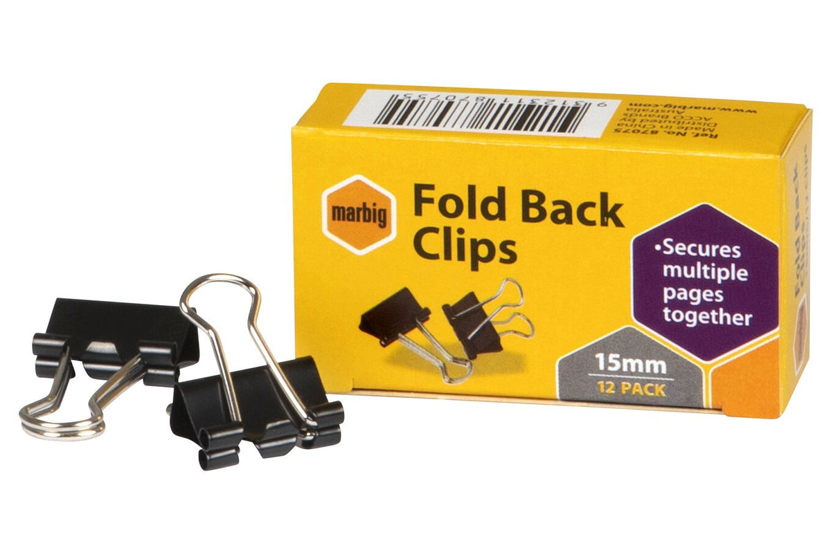 Marbig 87075 fold back clips 15mm black, box of 12, loose clips beside the yellow Marbig pack