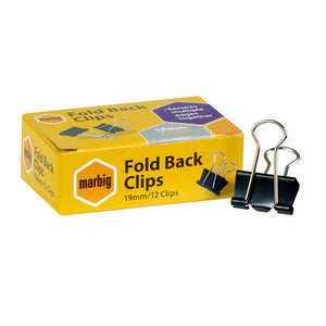 Marbig 87070 fold back clips 19mm black - box of 12 steel binder clips for document organisation