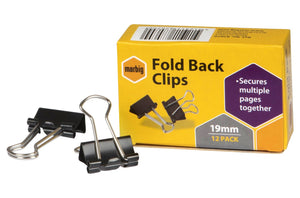 Marbig 87070 fold back clips 19mm black, box of 12, loose clips beside the yellow Marbig pack