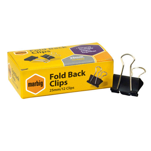 Marbig 87065 fold back clips 25mm black - box of 12 steel binder clips for medium document bundles