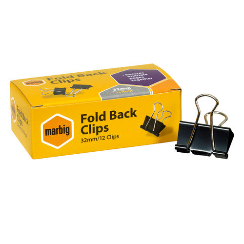 Marbig 87060 fold back clips 32mm black, box of 12, product shot of the yellow pack with clips in front