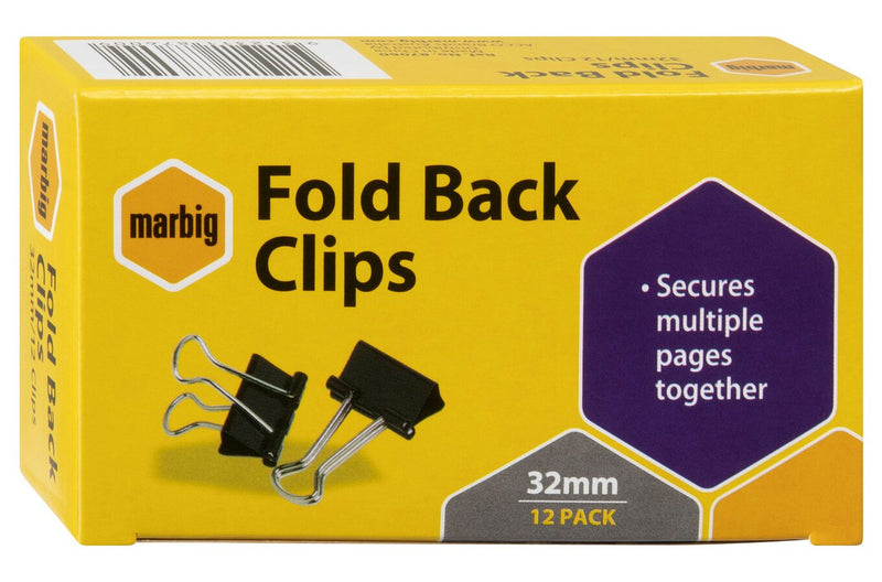 Front of the Marbig 32mm fold back clips yellow box marked 12 pack, printed with the Secures multiple pages together panel