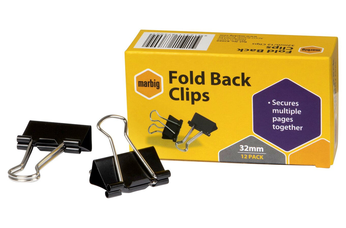 Marbig 87060 fold back clips 32mm black, box of 12, loose clips beside the yellow Marbig pack
