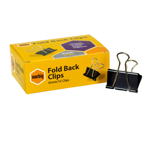 Marbig 87055 fold back clips 41mm black - box of 12 steel binder clips for medium-large document bundles