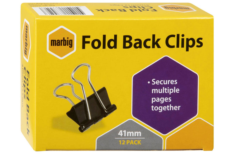 Front of the Marbig 41mm fold back clips yellow box marked 12 pack, printed with the Secures multiple pages together panel
