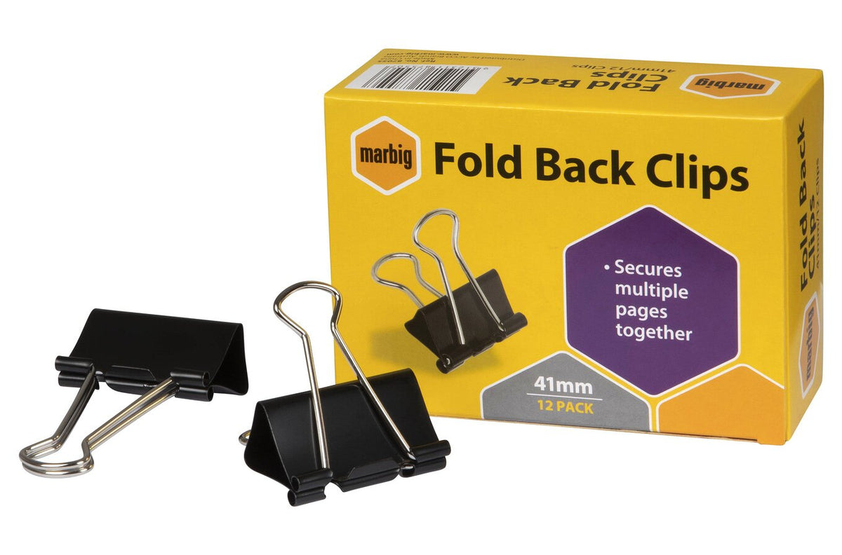 Marbig 87055 fold back clips 41mm black, box of 12, loose clips beside the yellow Marbig pack