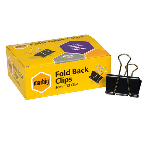Marbig 87050 fold back clips 50mm black - box of 12 heavy-duty steel binder clips for large document bundles