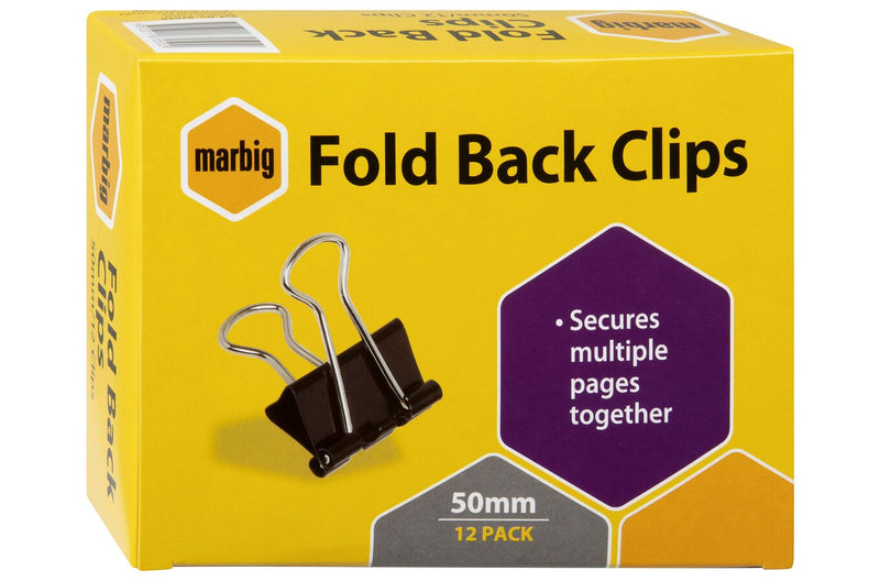 Front of the Marbig 50mm fold back clips yellow box marked 12 pack, printed with the Secures multiple pages together panel