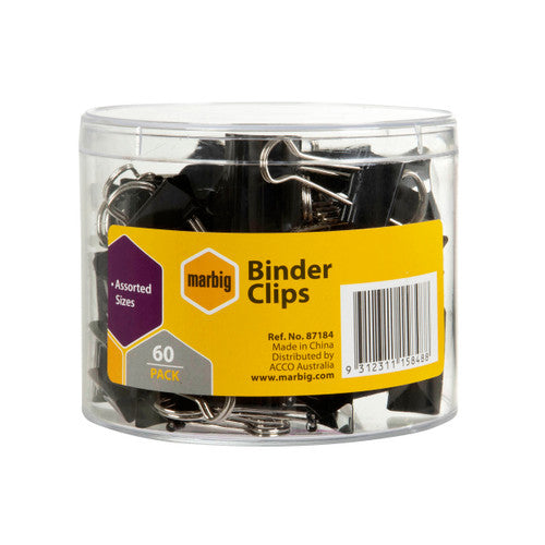 Marbig 87184 fold back clips assorted sizes black, pack of 60, product shot of the clear tub with its yellow label