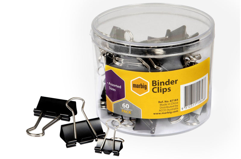 Marbig 87184 binder clips assorted sizes, clear tub of 60 black fold back clips with the yellow Binder Clips label, loose clips in front