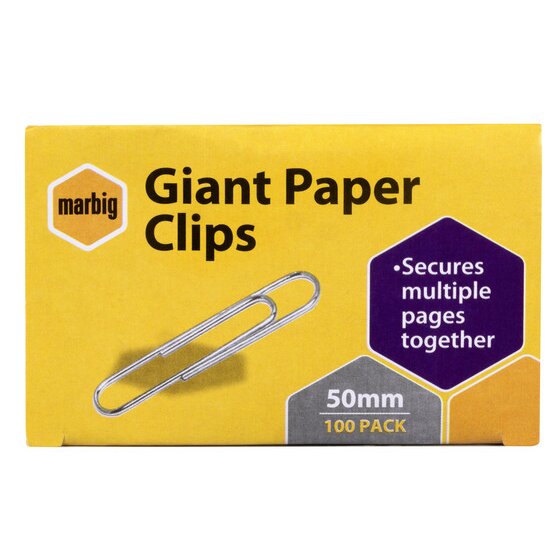 Yellow front of the Marbig Giant Paper Clips box, drawn silver clip, secures multiple pages together and 50mm 100 pack