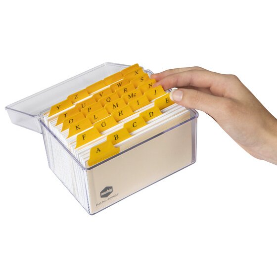 Hand lifting a Marbig 5x3 guide card with a lettered yellow tab in a clear plastic card box, box shown for display only