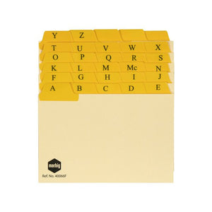 Marbig 40066F 6x4 buff manilla guide cards stacked to show yellow plastic tabs lettered A to Z, with Ref No 40066F printed on the front card