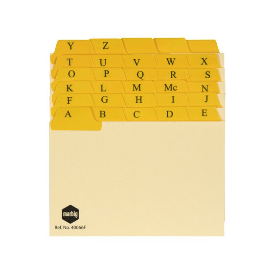 Marbig 40066F 6x4 buff manilla guide cards stacked to show yellow plastic tabs lettered A to Z, with Ref No 40066F printed on the front card