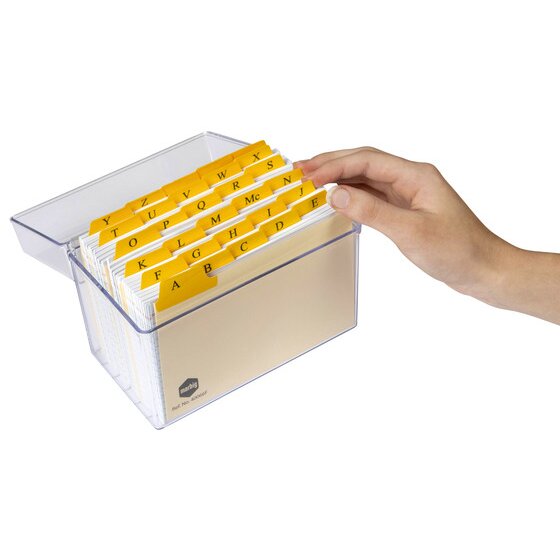 Marbig 6x4 guide cards with yellow letter tabs standing in a clear card box as a hand turns to a tab, box shown for display only