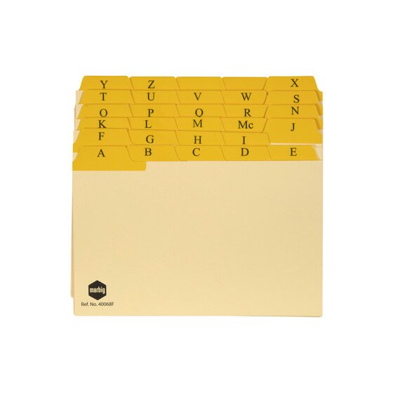 Marbig 40068F 8x5 buff manilla guide cards stacked to show yellow plastic tabs lettered A to Z with a Mc tab, Ref No 40068F on the front card
