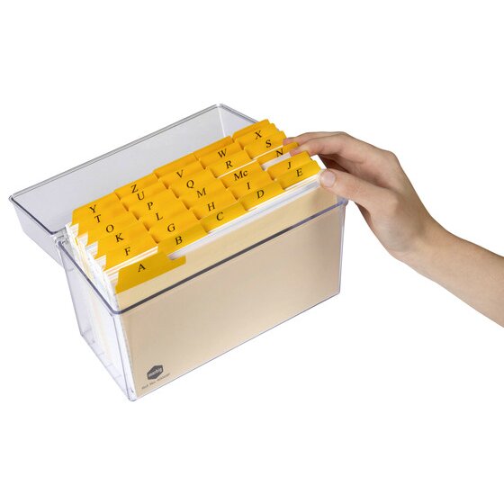 Hand reaching for a lettered yellow tab on Marbig 8x5 guide cards filed in a clear card box, box shown for display only