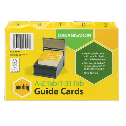 Marbig A-Z Tab 1-31 Tab guide cards in a yellow pack with 203 x 127mm and Ref No 40068F printed on the label