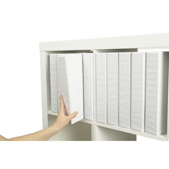 Hand taking a white Marbig Half Arch Clearview file from a shelf of matching slim white lever arch files