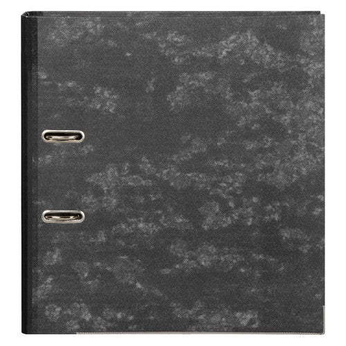 Front of the Marbig Half Arch A4 lever arch file in black mottle board with a solid black spine strip and two metal rimmed rings