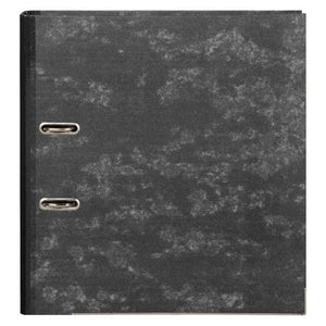 Front of the Marbig Half Arch A4 lever arch file in black mottle board with a solid black spine strip and two metal rimmed rings