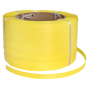 Marbig Professional 51157 yellow polypropylene hand strapping roll on a cardboard core with a loose length of strap curling out from the base