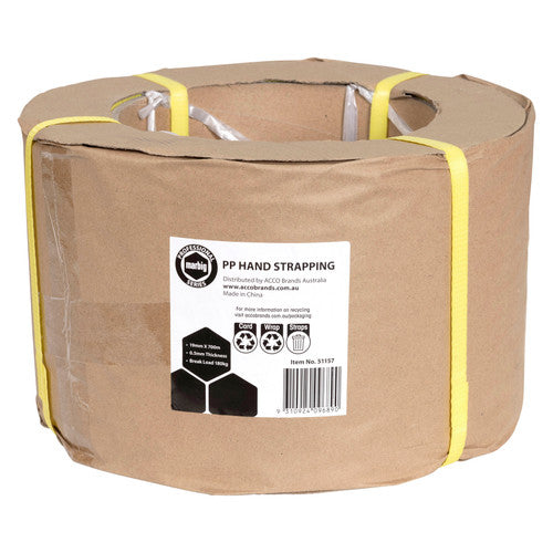 Marbig Professional hand strapping roll in brown paper wrap with a PP Hand Strapping label listing 19mm x 700m, 0.5mm thickness and 180kg break load