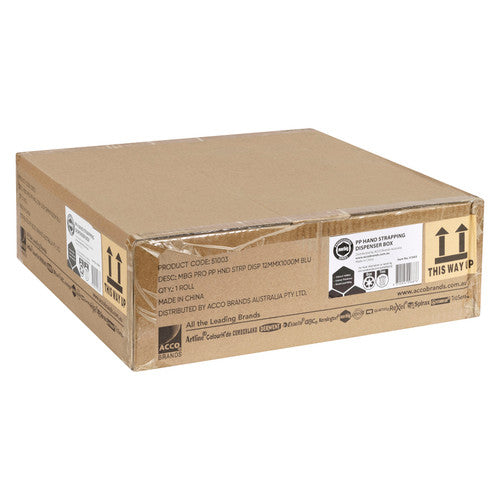 Sealed Marbig PP hand strapping dispenser box, product code 51003, printed 12mm x 1000m, 0.6mm thickness and break load 90kg with THIS WAY UP arrows