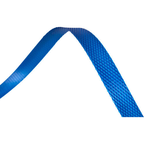 Close up of blue Marbig 12mm polypropylene hand strap arched against a white background, showing the embossed diamond texture