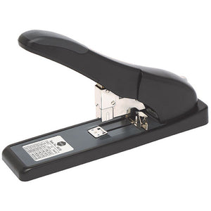 Marbig heavy duty stapler 90170 in black with a chrome magazine head and a staple and sheet chart label printed on the grey base