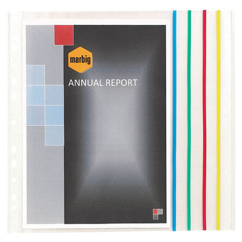 Marbig Heavyweight A4 Expanding Sheet Protectors with assorted colour-coded edges, pack of 10, shown fanned out on white background